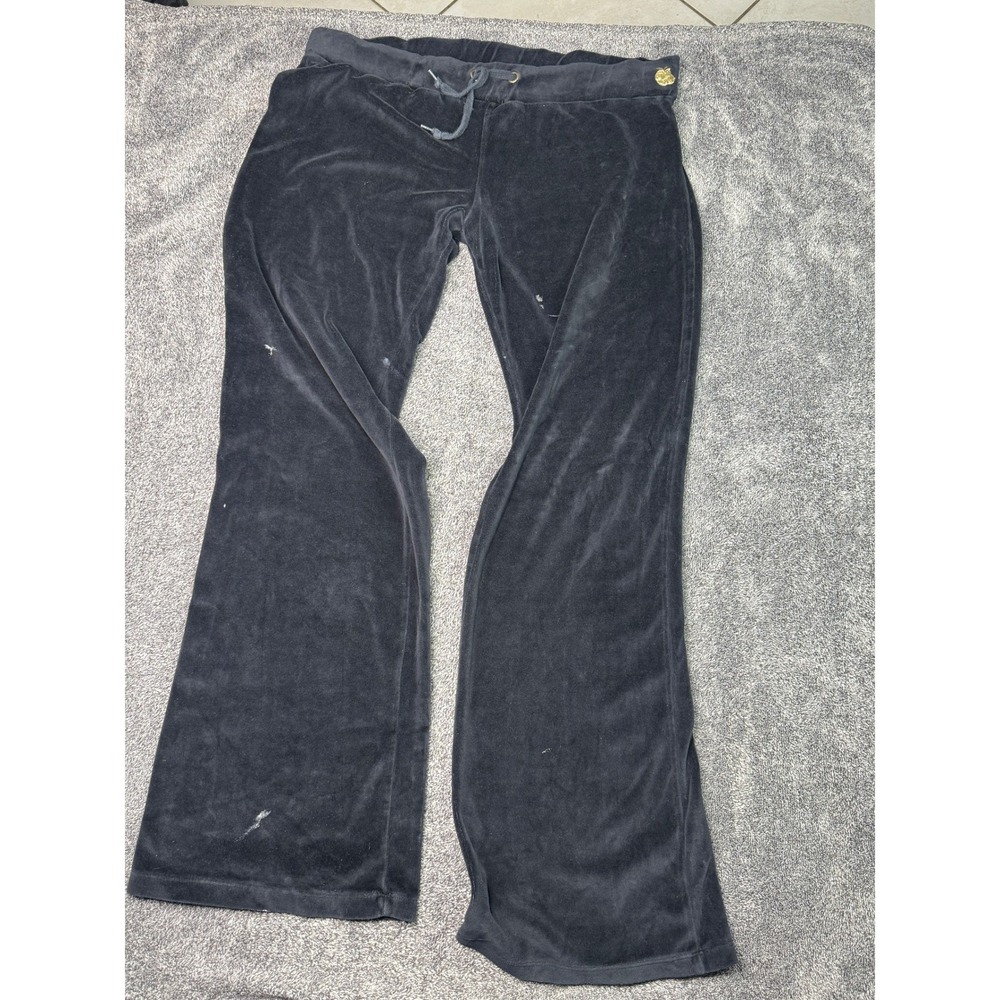 Vintage Y2K Apple Bottoms Velour Pants Womens XL Black Gold Logo Wide Leg